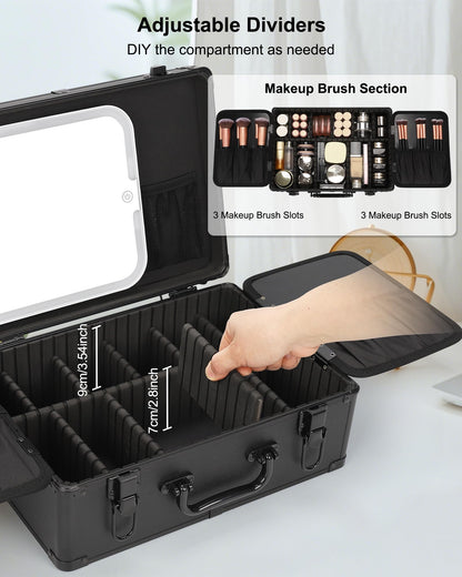 Makeup Train Case with LED Mirror, Rechargeable Travel Makeup Bag