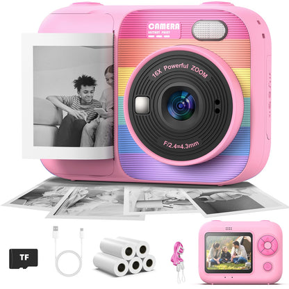 Kids Instant Print Camera with 5 Rolls Print Paper, 1080P HD Camera, Rechargeable Portable Toddler Selfie Camera, Christmas Birthday Gifts Toys for Boys Girls Age 3-12 (Red & Blue)
