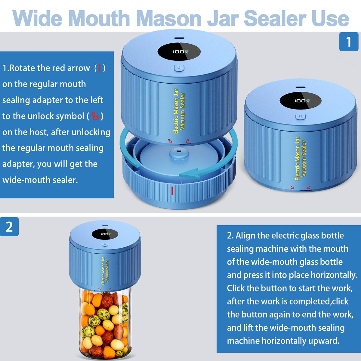 Mason Jar Vacuum Sealer Kit, Electric One Touch Auto Stop