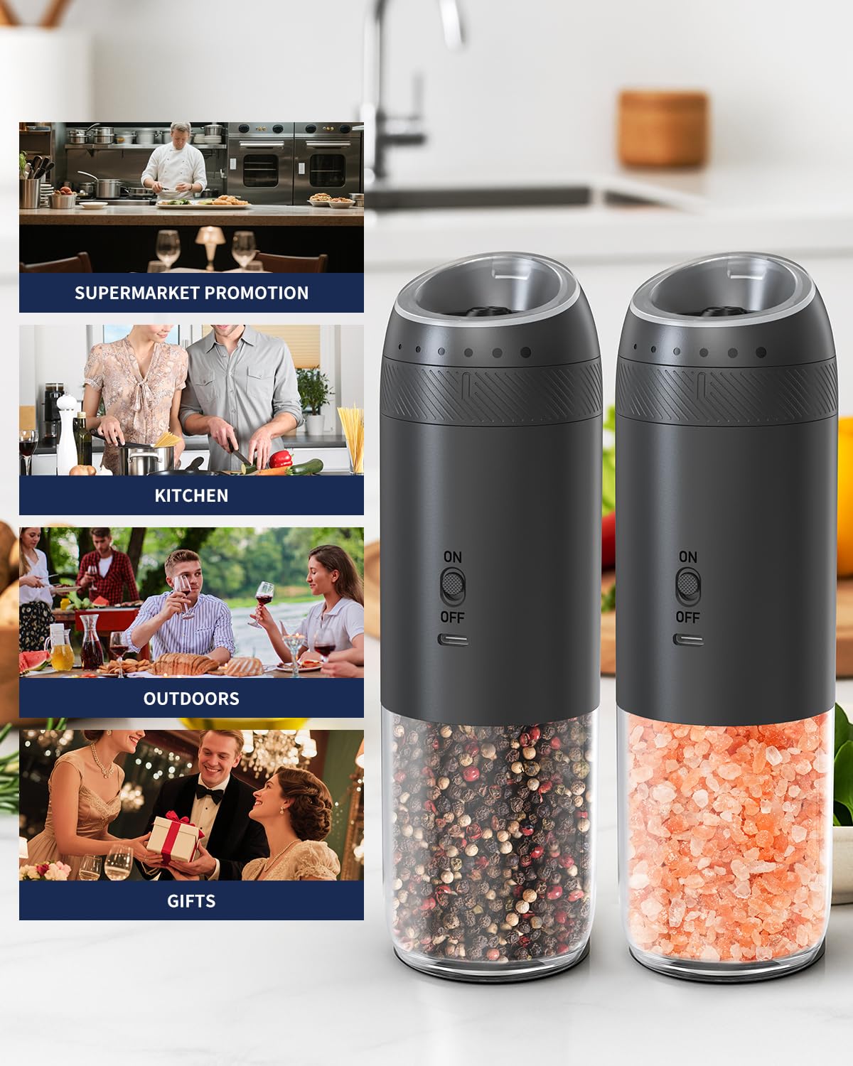 Electric Salt and Pepper Grinder Set, Gravity Rechargeable with LED