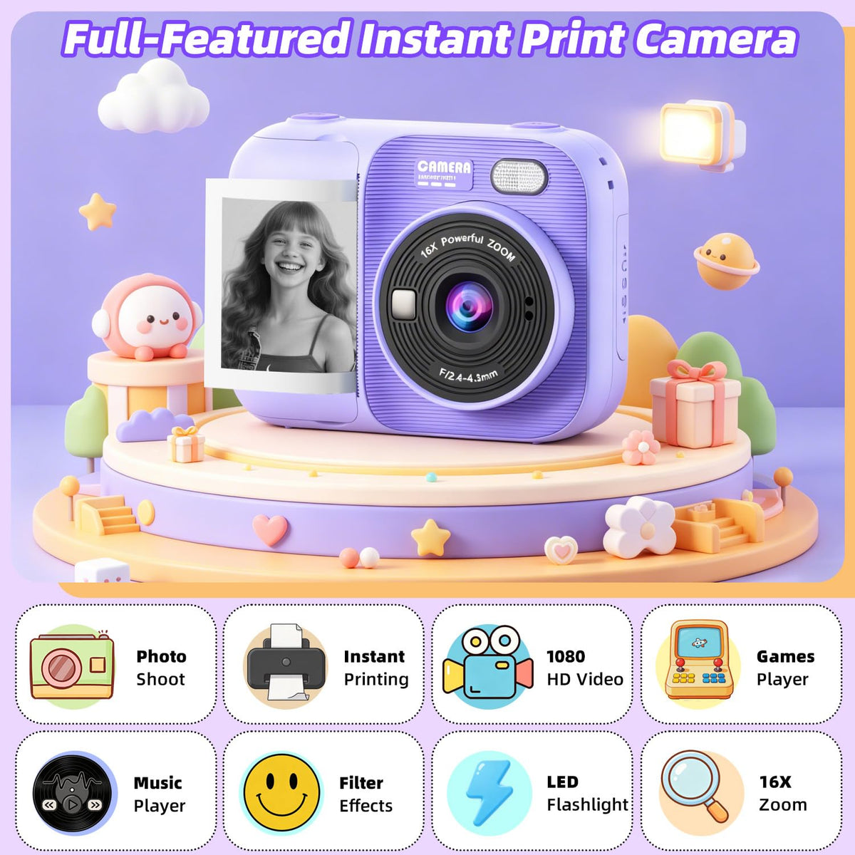 Kids Instant Print Camera with 5 Rolls Print Paper, 1080P HD Camera, Rechargeable Portable Toddler Selfie Camera, Christmas Birthday Gifts Toys for Boys Girls Age 3-12 (Red & Blue)