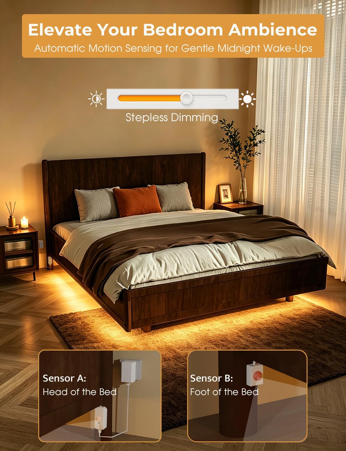 Motion Sensor Under Bed Light, Dual Sensor LED Strip 19.6ft, App Control