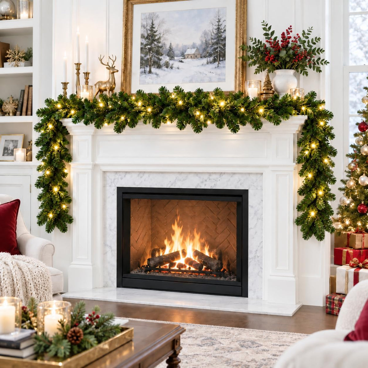 Christmas Garland with Lights 9ft, Prelit for Mantle, Stairs & Door