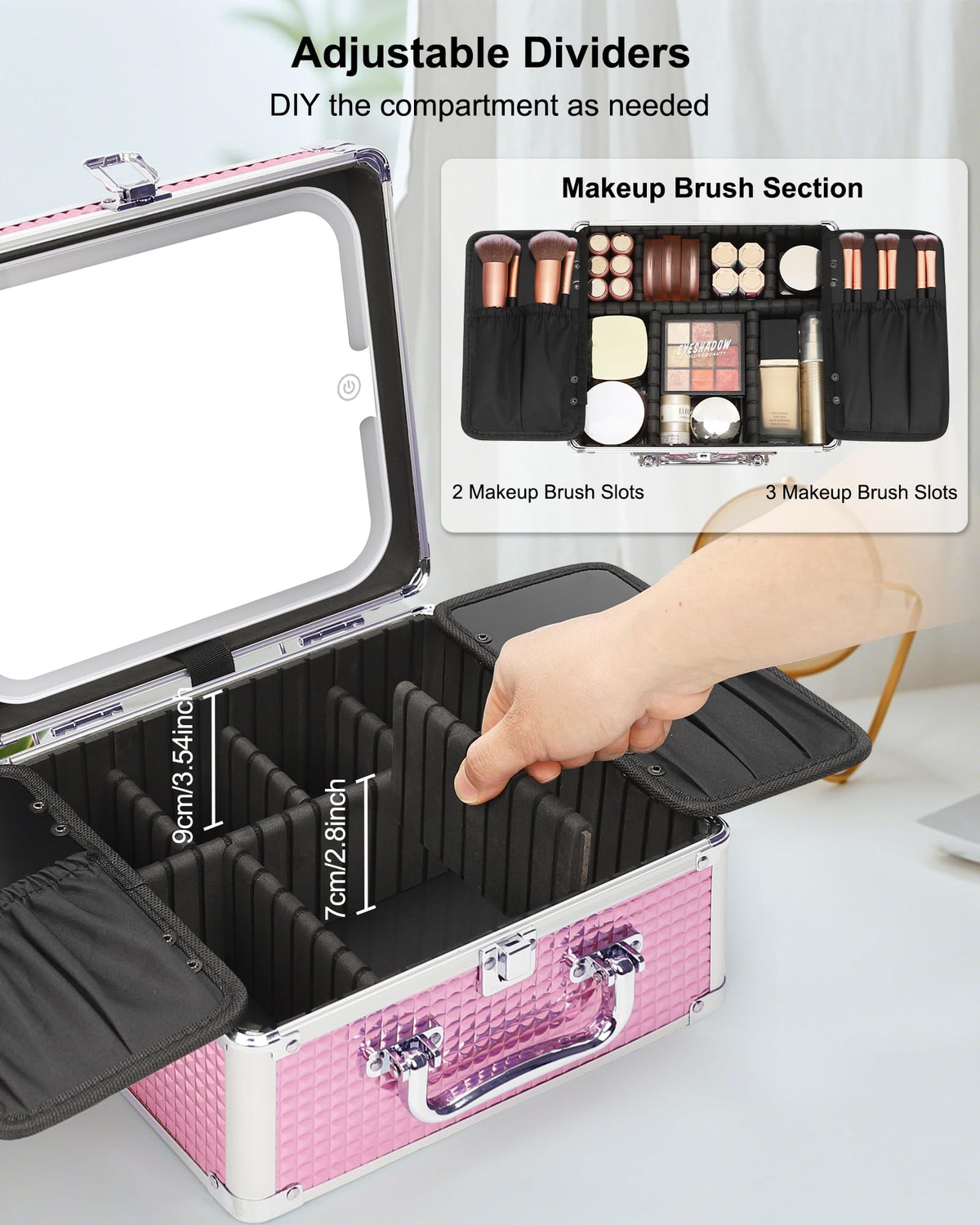 Relavel Makeup Bag with LED Mirror, Makeup Box Travel Train Case with Rechargeable Lighted Mirror & Adjustable Dividers, Cosmetic Brush Organizer Storage for Makeup Artists Gifts for Women and Girls