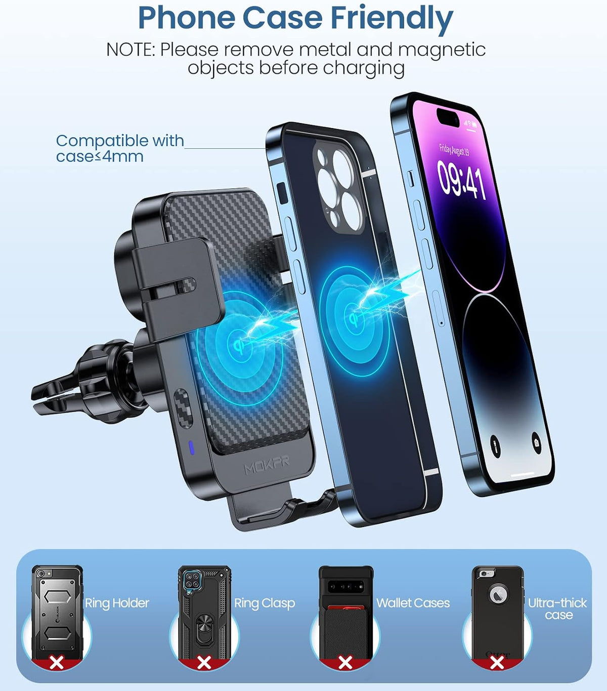Wireless Car Charger 15W Fast Charging Dash Windshield Vent Car Mount