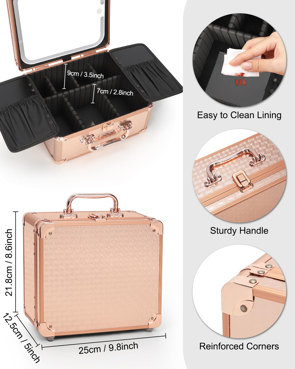 Makeup Train Case with LED Mirror, Rechargeable Travel Makeup Bag