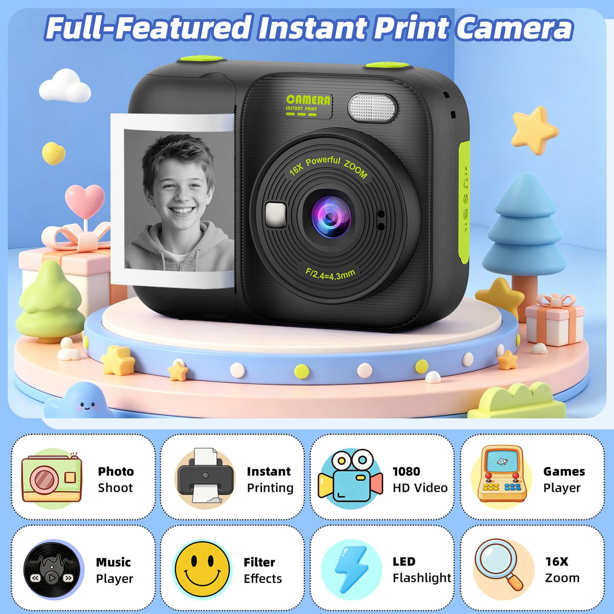 Kids Instant Print Camera with 5 Rolls Print Paper, 1080P HD Camera, Rechargeable Portable Toddler Selfie Camera, Christmas Birthday Gifts Toys for Boys Girls Age 3-12 (Red & Blue)