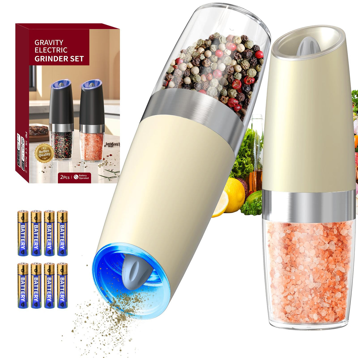 Electric Salt and Pepper Grinder Set, Gravity Rechargeable with LED