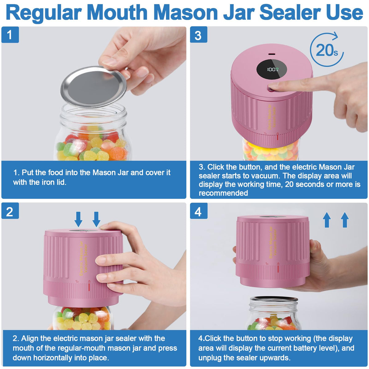 Mason Jar Vacuum Sealer Kit, Electric One Touch Auto Stop