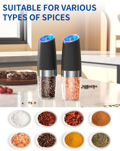 Electric Salt and Pepper Grinder Set, Gravity Rechargeable with LED