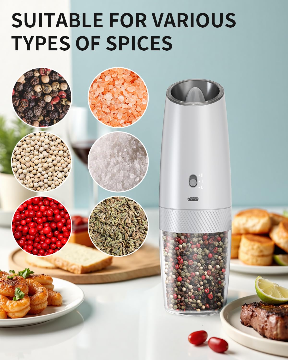 CIRCLE JOY Rechargeable Salt and Pepper Grinder Set Gravity Electric Salt and Pepper Grinder Set, LED Light, Adjustable Coarseness, for Home Kitchen BBQ, Black & White