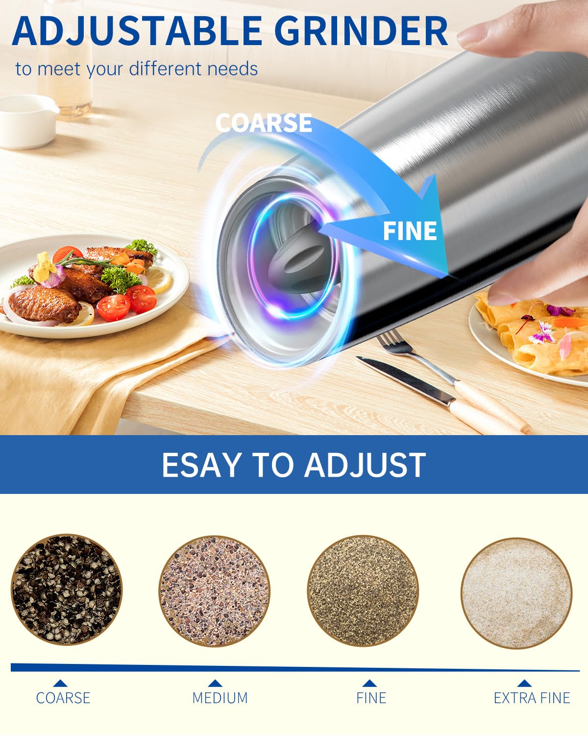 CIRCLE JOY Rechargeable Salt and Pepper Grinder Set Gravity Electric Salt and Pepper Grinder Set, LED Light, Adjustable Coarseness, for Home Kitchen BBQ, Black & White