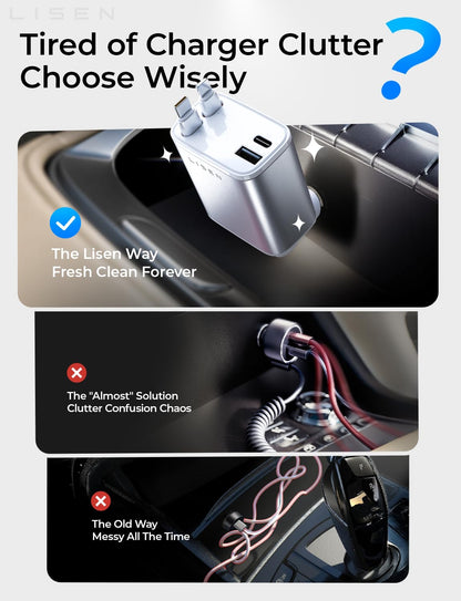 LISEN Retractable Car Charger, 84W Car Charger USB C Fast Charge,4 in 1