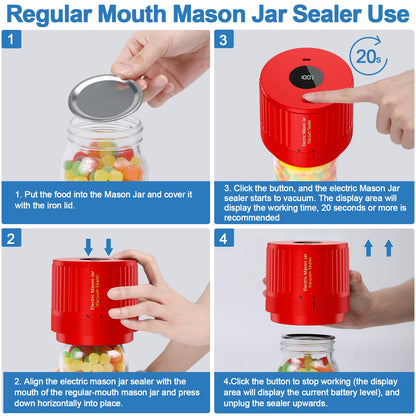Mason Jar Vacuum Sealer Kit, Electric One Touch Auto Stop