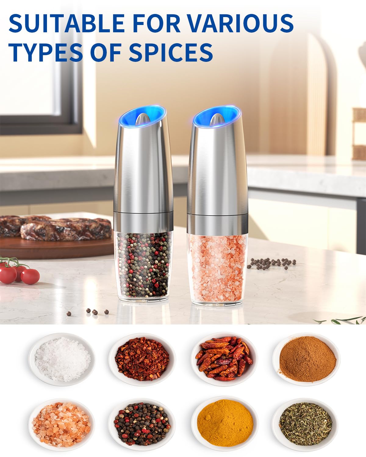 CIRCLE JOY Rechargeable Salt and Pepper Grinder Set Gravity Electric Salt and Pepper Grinder Set, LED Light, Adjustable Coarseness, for Home Kitchen BBQ, Black & White