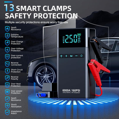 6000A Portable Car Battery Jump Starter with Air Compressor 160PSI