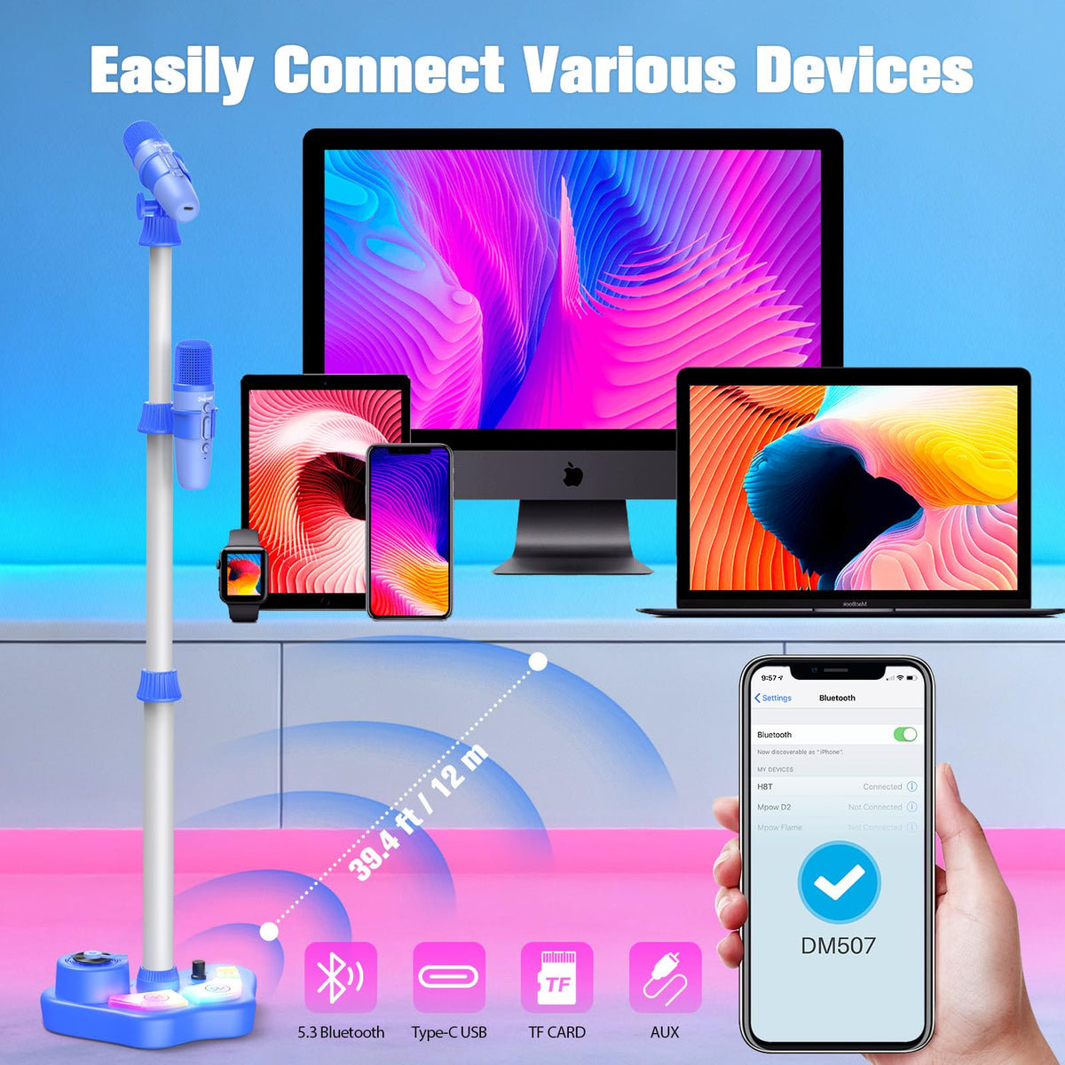 Kids Stand Karaoke Machine Toys for 3 4 5 6 7 8 Year Old Girls Gift, Kid Rechargeable Microphone Toddler Christmas Birthday Gift Singing Toy for Girl Ages 3-5 4-6, Bluetooth Speaker with 2 Mics
