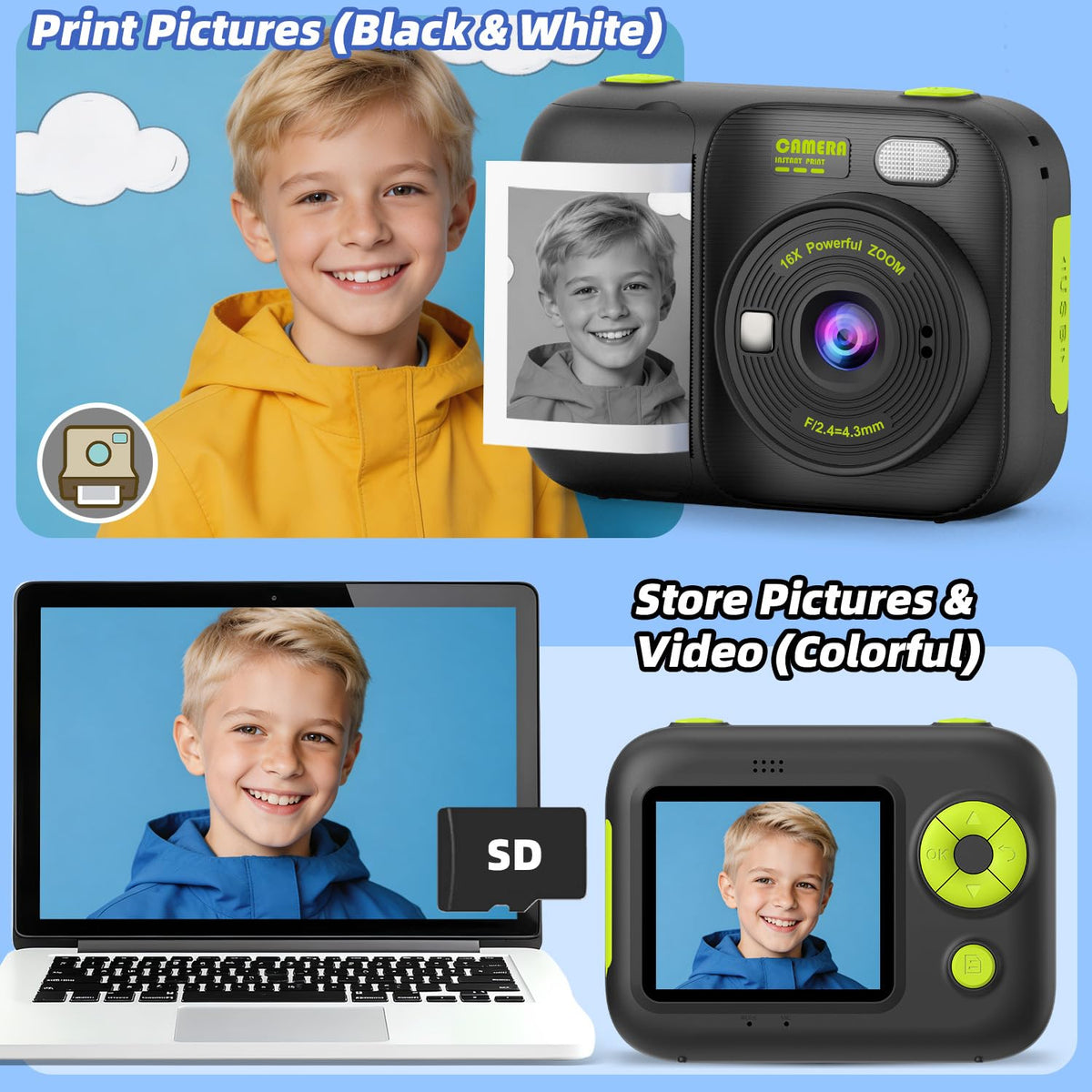 Kids Instant Print Camera with 5 Rolls Print Paper, 1080P HD Camera, Rechargeable Portable Toddler Selfie Camera, Christmas Birthday Gifts Toys for Boys Girls Age 3-12 (Red & Blue)