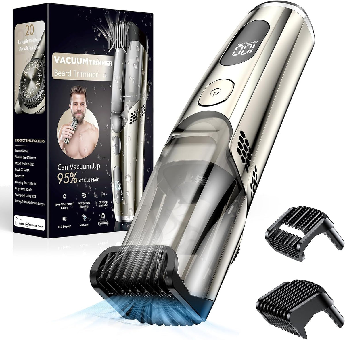 Vacuum Beard Trimmer for Men, Adjustable Precision Trimming Length 1-20mm