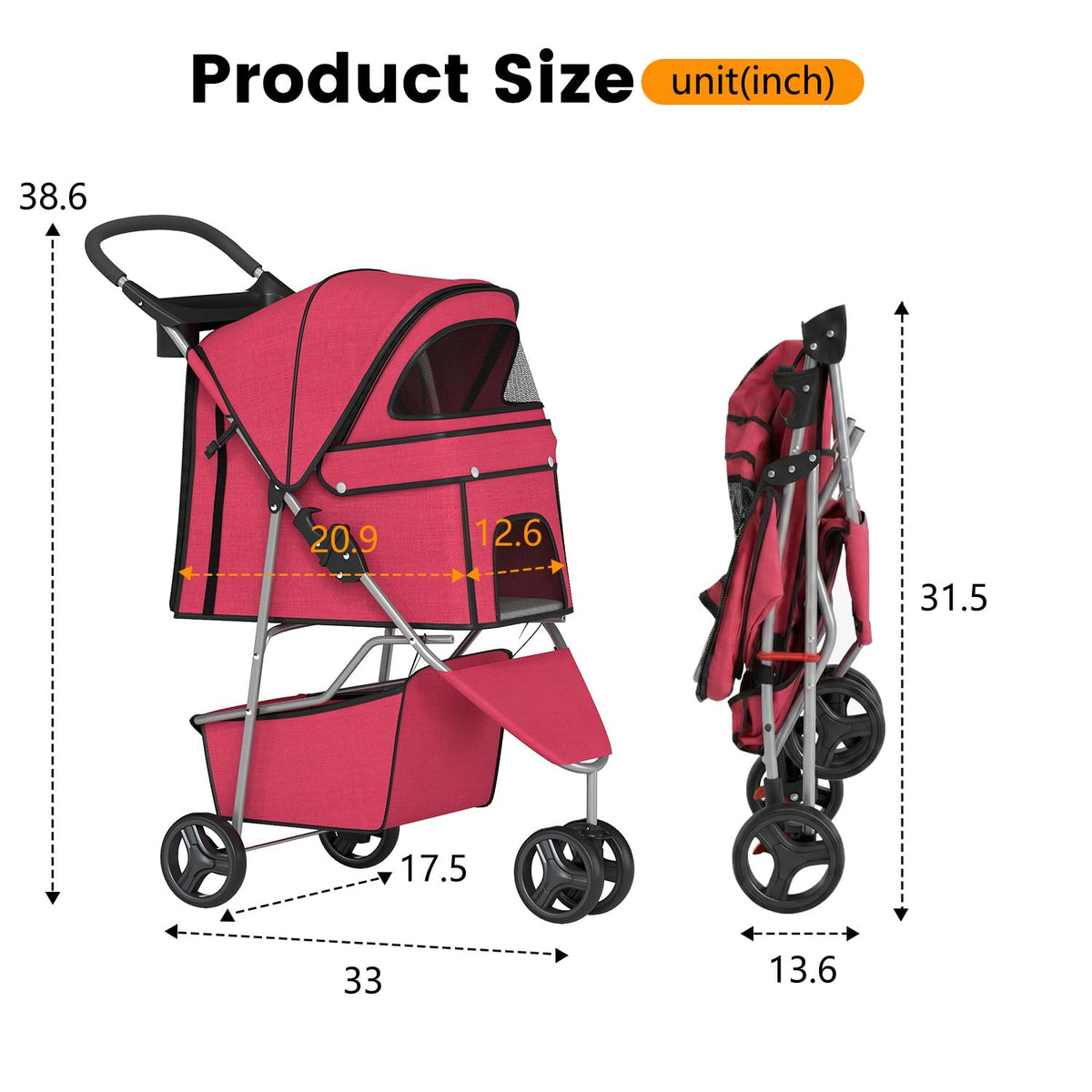 Pet Stroller for Dogs & Cats, 3 Wheel Foldable with Storage Basket