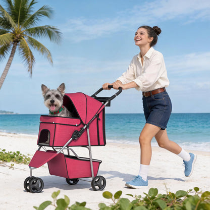 Pet Stroller for Dogs & Cats, 3 Wheel Foldable with Storage Basket