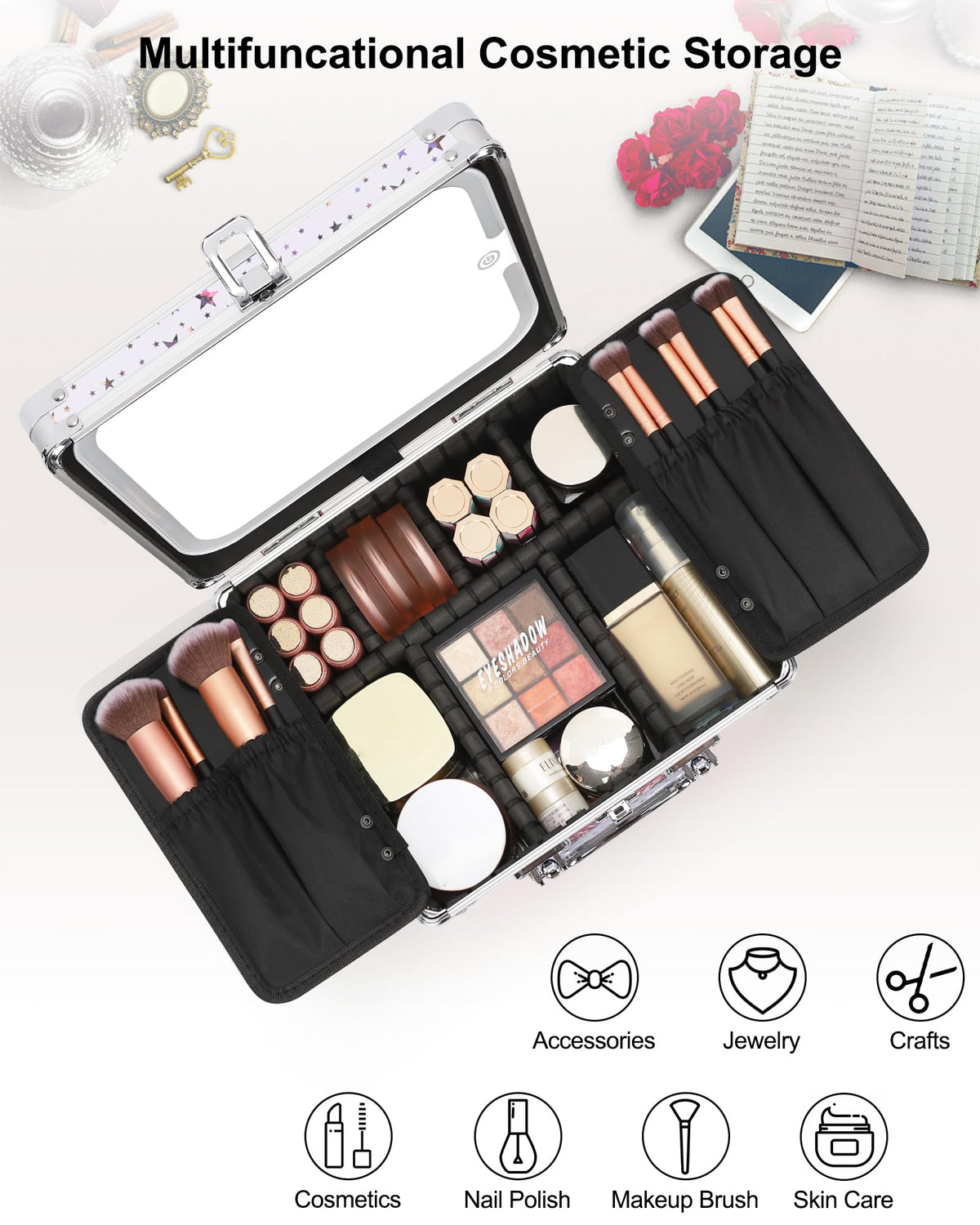 Relavel Makeup Bag with LED Mirror, Makeup Box Travel Train Case with Rechargeable Lighted Mirror & Adjustable Dividers, Cosmetic Brush Organizer Storage for Makeup Artists Gifts for Women and Girls
