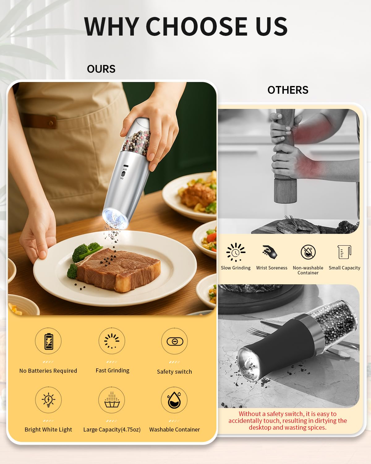 Electric Salt and Pepper Grinder Set, Gravity Rechargeable with LED