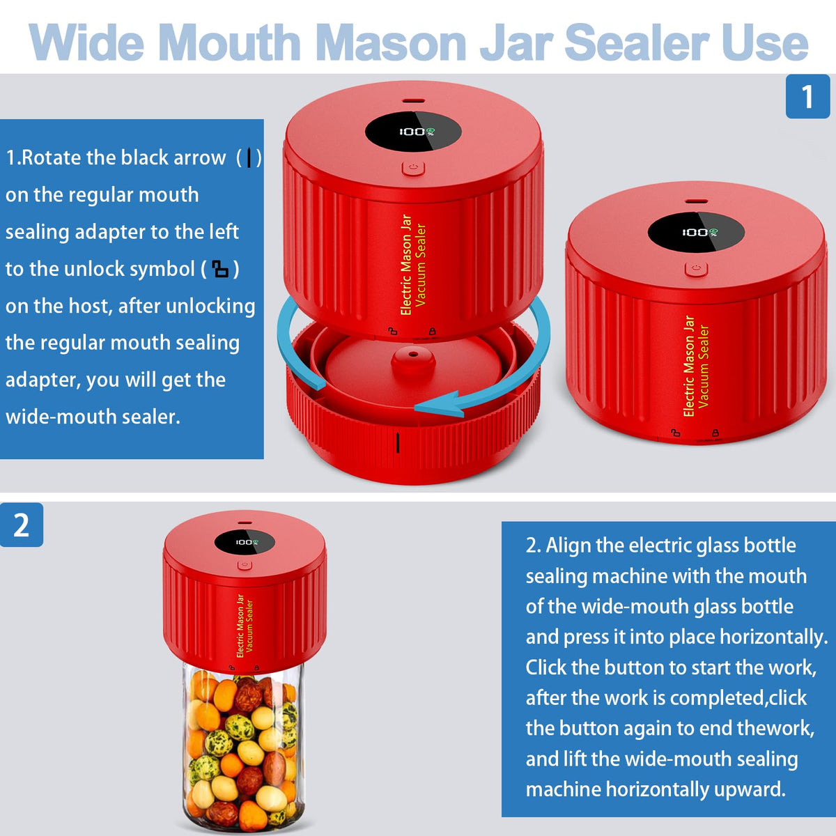 Mason Jar Vacuum Sealer Kit, Electric One Touch Auto Stop
