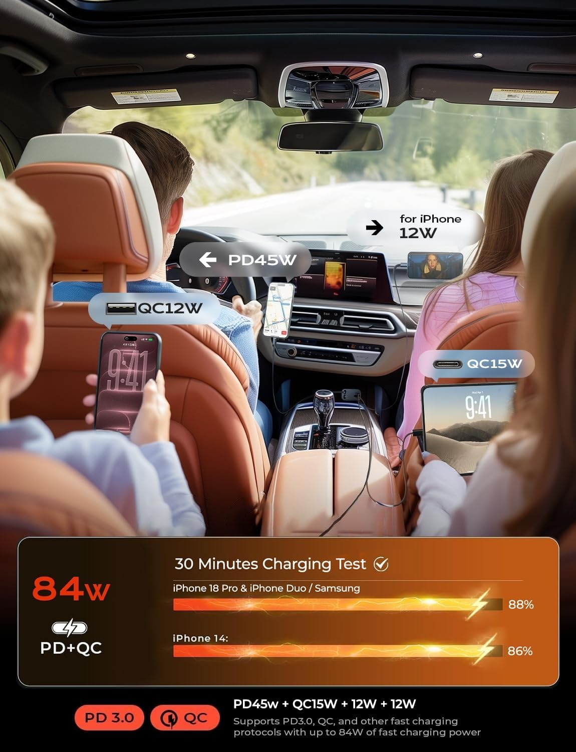 LISEN Retractable Car Charger, 84W Car Charger USB C Fast Charge,4 in 1