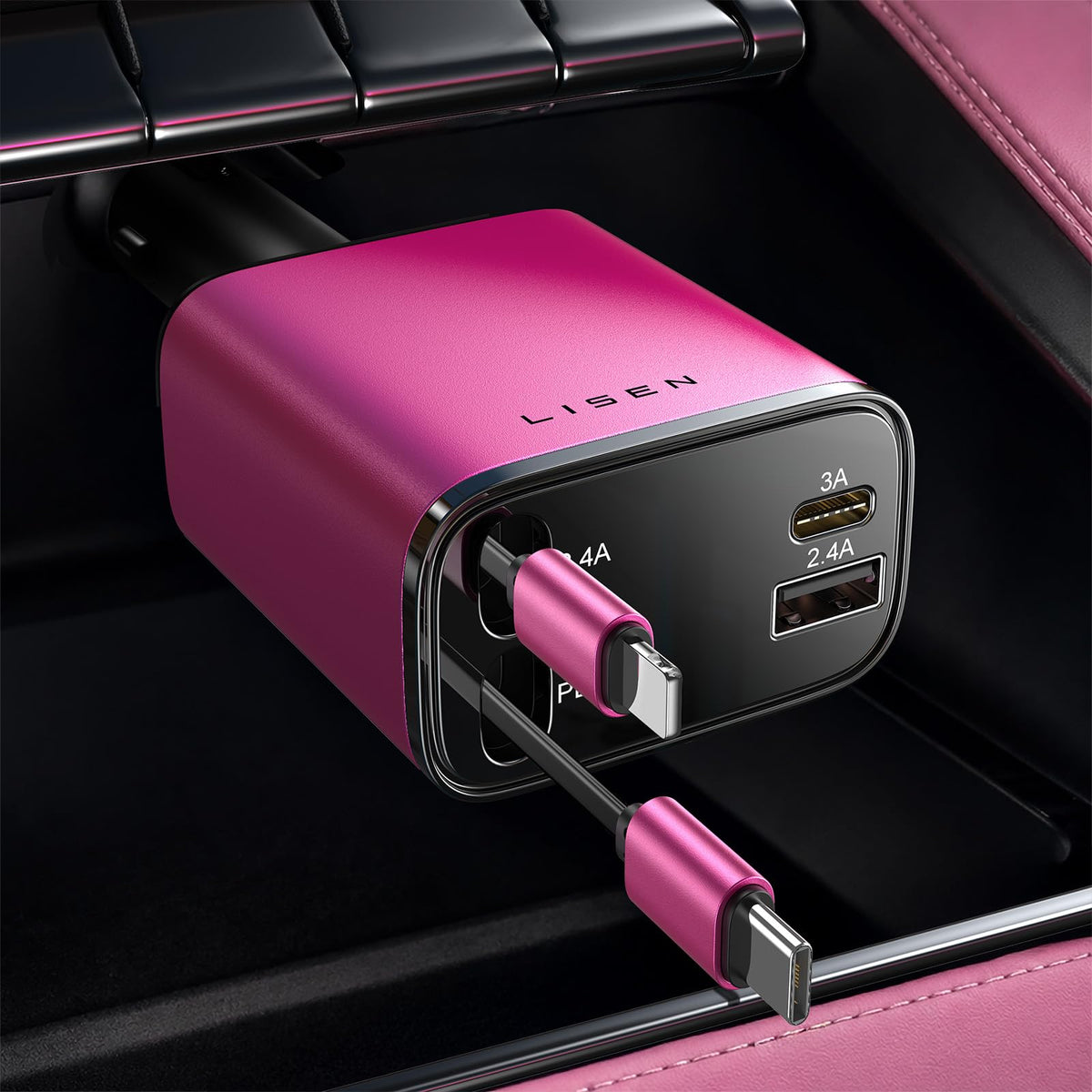 LISEN Retractable Car Charger, 84W Car Charger USB C Fast Charge,4 in 1