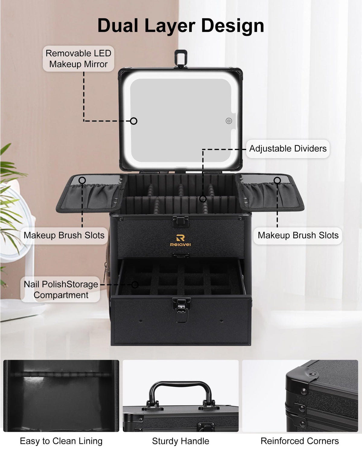 Relavel Makeup Bag with LED Mirror, Makeup Box Travel Train Case with Rechargeable Lighted Mirror & Adjustable Dividers, Cosmetic Brush Organizer Storage for Makeup Artists Gifts for Women and Girls