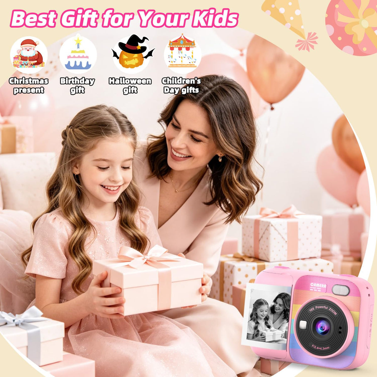 Kids Instant Print Camera with 5 Rolls Print Paper, 1080P HD Camera, Rechargeable Portable Toddler Selfie Camera, Christmas Birthday Gifts Toys for Boys Girls Age 3-12 (Red & Blue)