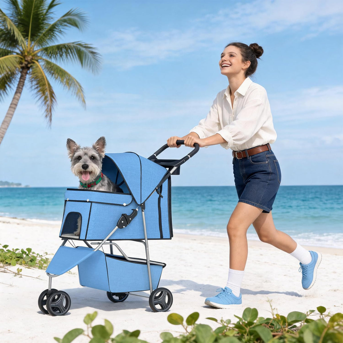 BestPet | 3-Wheel Pet Stroller | Dog and Cat Stroller | Breathable Mesh | Lightweight Travel Carrier | Waterproof & Foldable Design | Storage Basket | Black | for Daily Walks & Outdoor Use