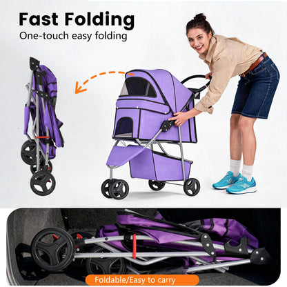 Pet Stroller for Dogs & Cats, 3 Wheel Foldable with Storage Basket