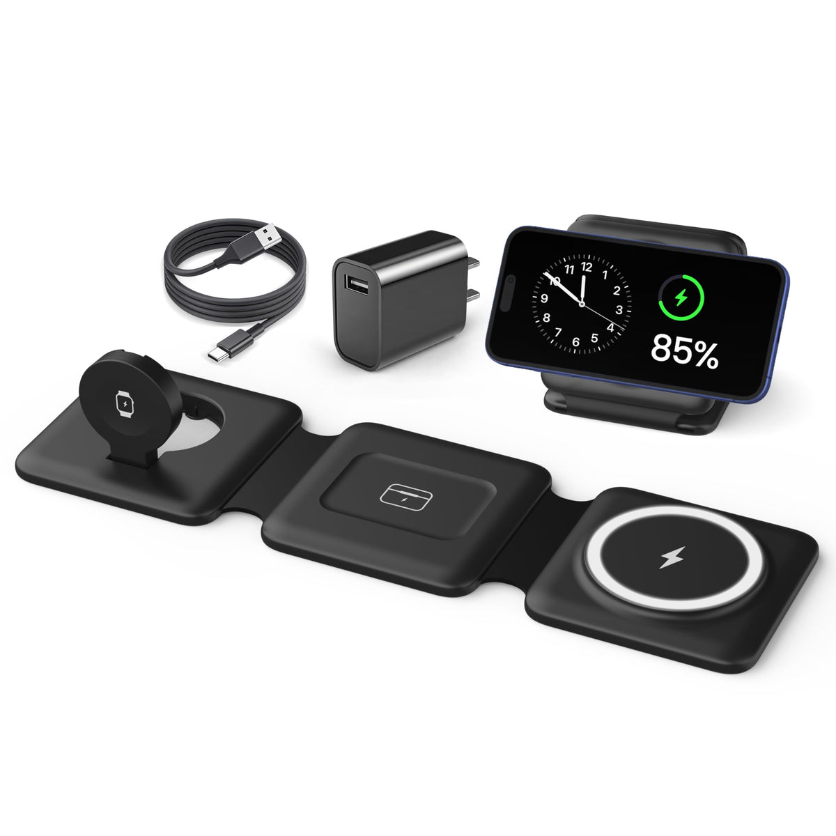 Charging Station for Apple Multiple Devices - 3 in 1 Foldable Magnetic Wireless Charger Dock - Travel Charging Pad for iPhone 17 16 15 14 13 12 Pro Max Plus Watch & Airpods