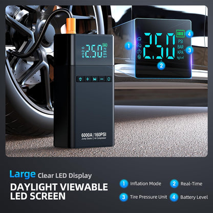 6000A Portable Car Battery Jump Starter with Air Compressor 160PSI