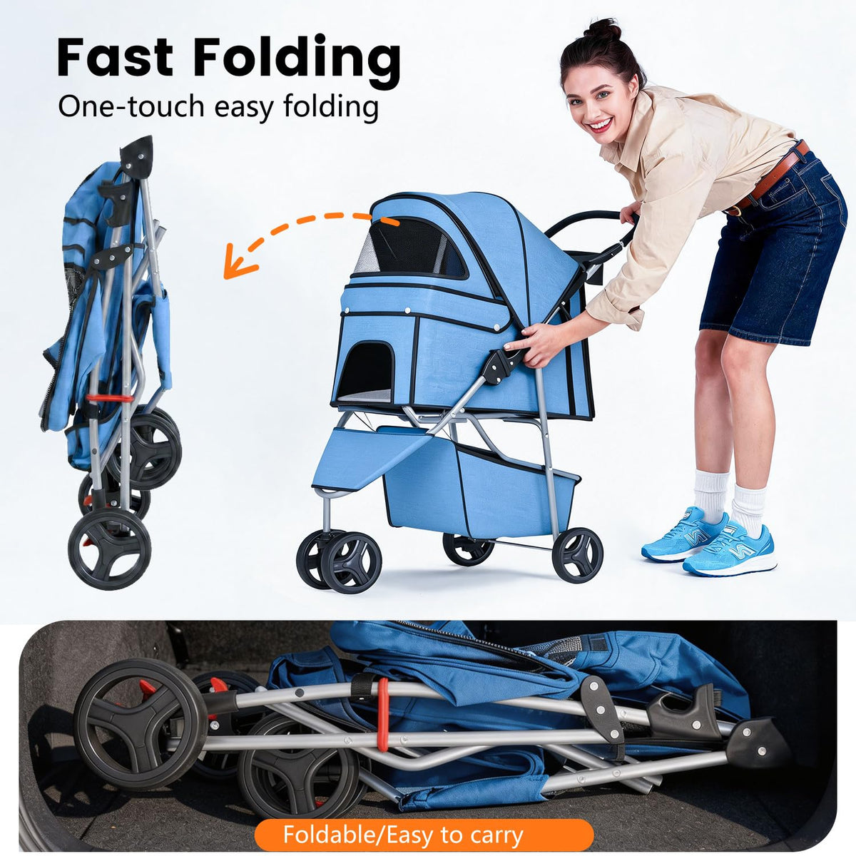 Pet Stroller for Dogs & Cats, 3 Wheel Foldable with Storage Basket