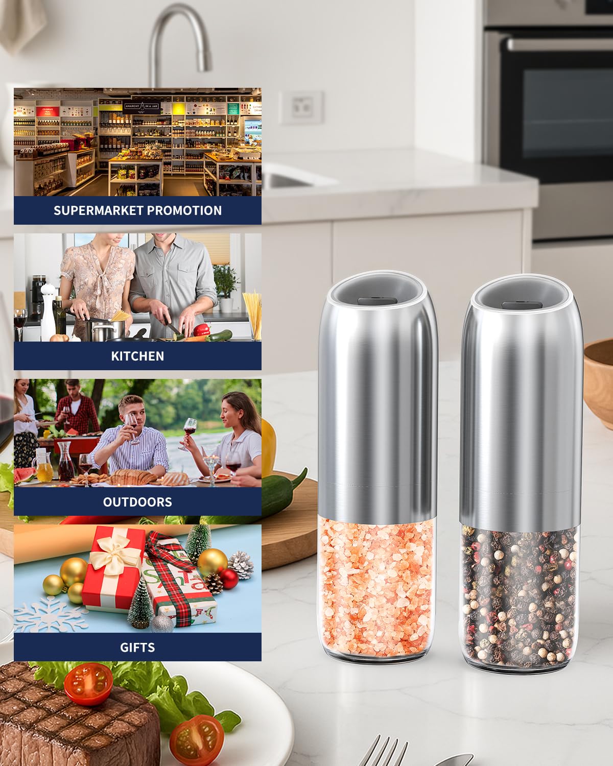 CIRCLE JOY Rechargeable Salt and Pepper Grinder Set Gravity Electric Salt and Pepper Grinder Set, LED Light, Adjustable Coarseness, for Home Kitchen BBQ, Black & White