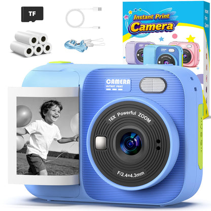 Kids Instant Print Camera with 5 Rolls Print Paper, 1080P HD Camera, Rechargeable Portable Toddler Selfie Camera, Christmas Birthday Gifts Toys for Boys Girls Age 3-12 (Red & Blue)