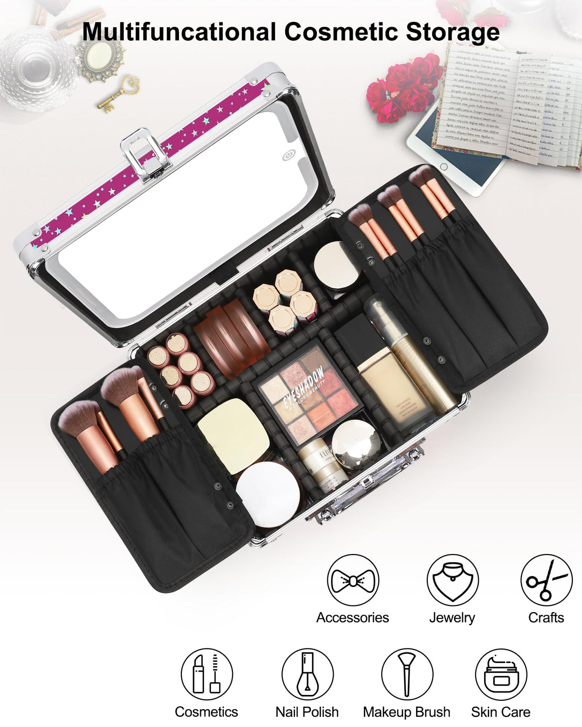Relavel Makeup Bag with LED Mirror, Makeup Box Travel Train Case with Rechargeable Lighted Mirror & Adjustable Dividers, Cosmetic Brush Organizer Storage for Makeup Artists Gifts for Women and Girls
