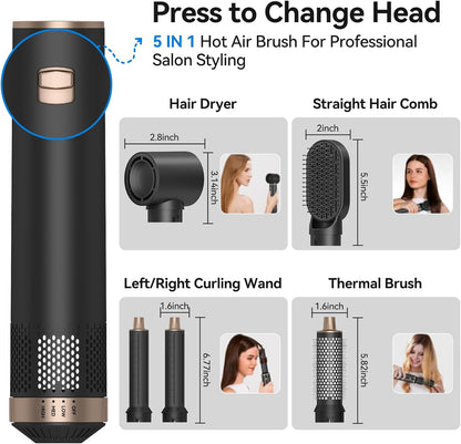Hair Dryer Brush 5 in 1, Ionic Hot Air Styler for Curling & Straightening
