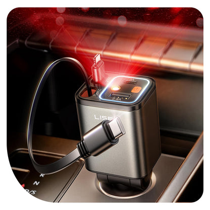 LISEN Retractable Car Charger, 84W Car Charger USB C Fast Charge,4 in 1