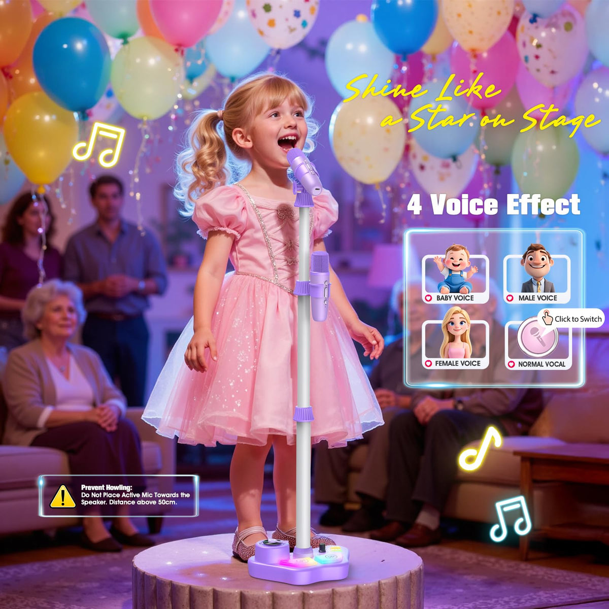 Kids Stand Karaoke Machine Toys for 3 4 5 6 7 8 Year Old Girls Gift, Kid Rechargeable Microphone Toddler Christmas Birthday Gift Singing Toy for Girl Ages 3-5 4-6, Bluetooth Speaker with 2 Mics