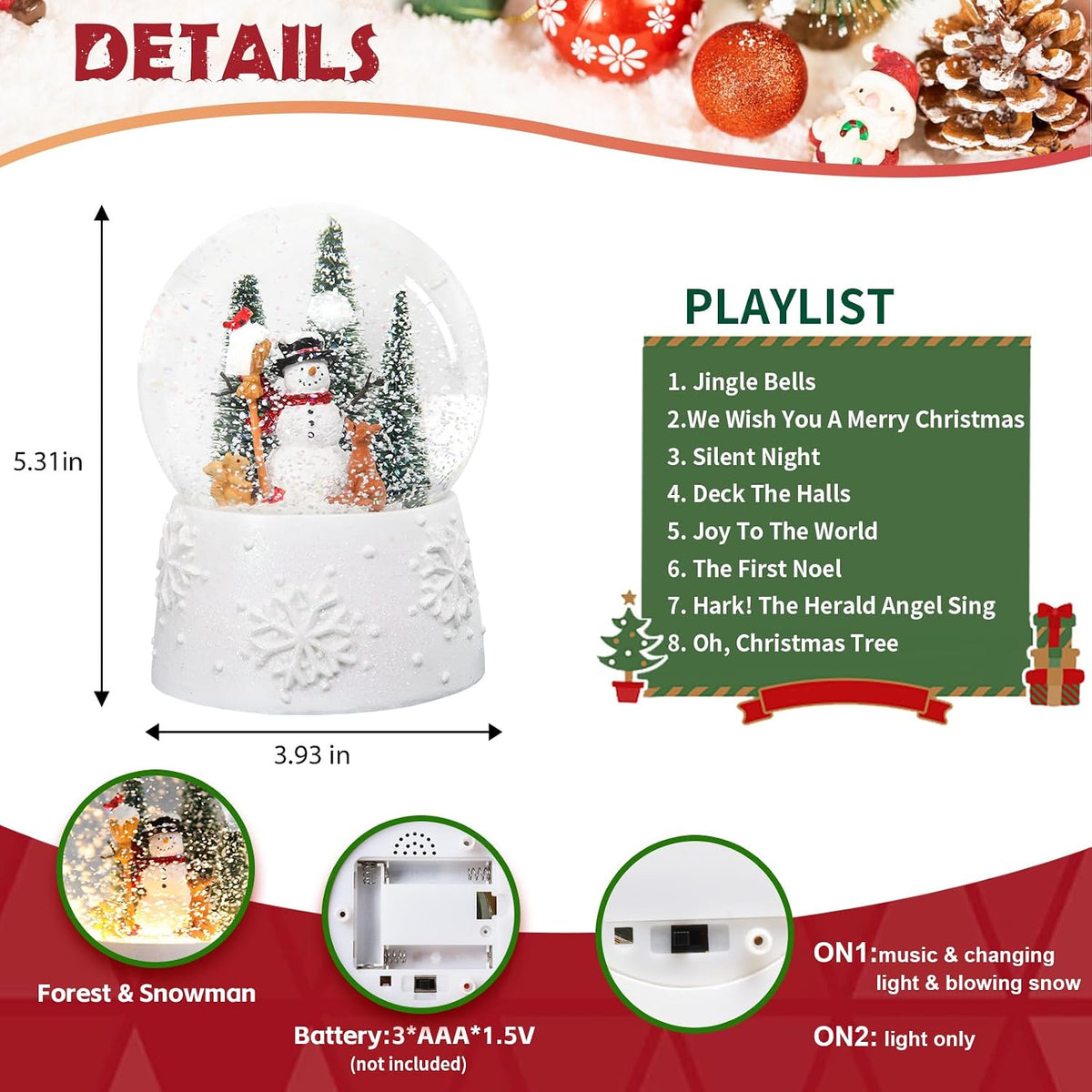 Musical Snow Globe with Color Changing LED Lights, Snowman Music Box
