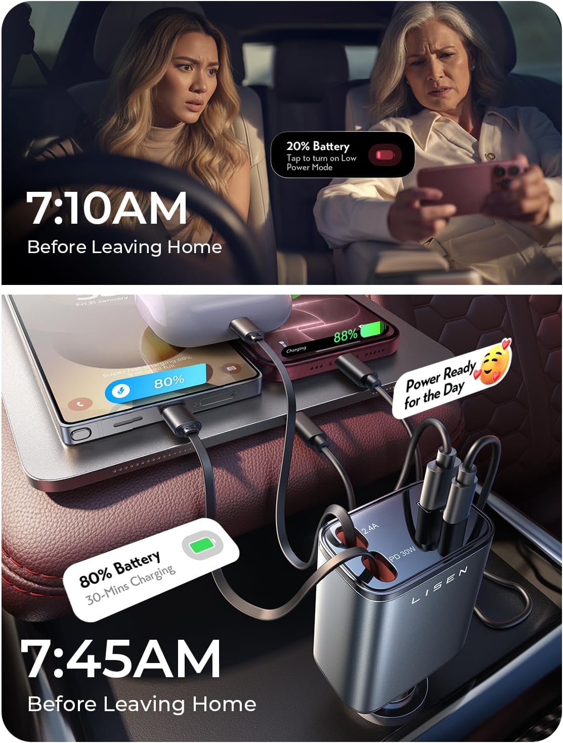 LISEN Retractable Car Charger, 84W Car Charger USB C Fast Charge,4 in 1