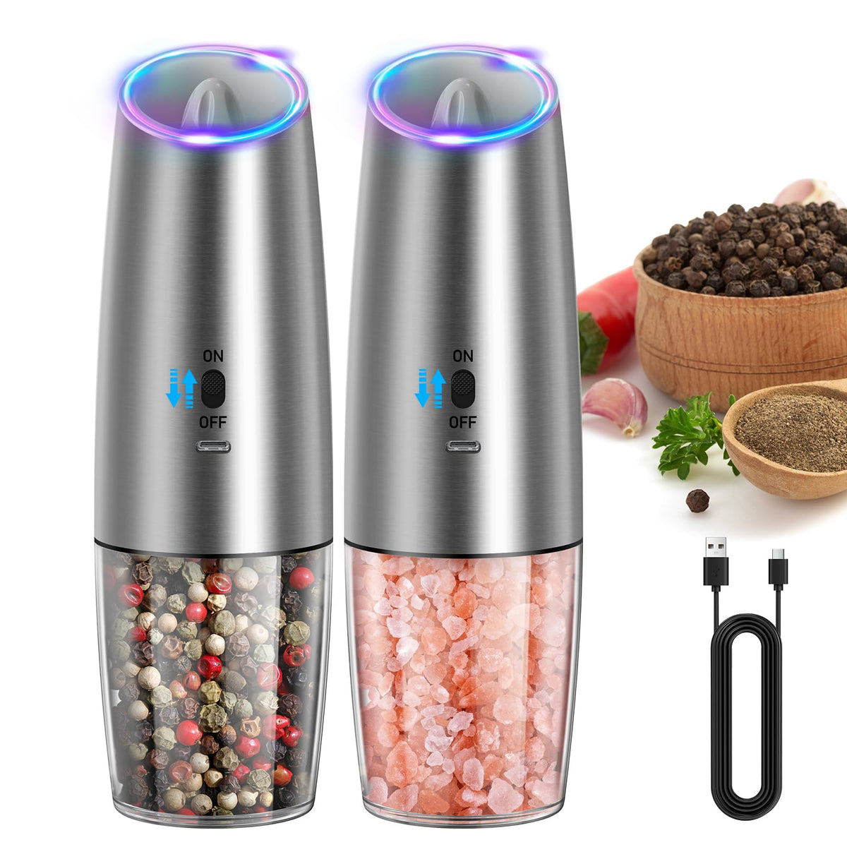 Electric Salt and Pepper Grinder Set, Gravity Rechargeable with LED