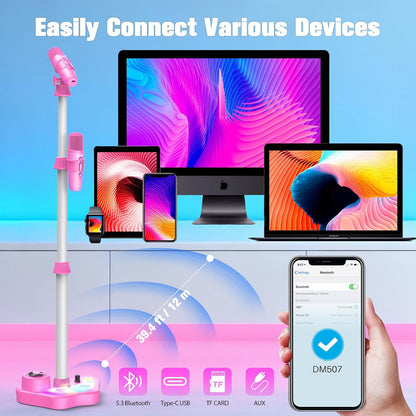 Kids Stand Karaoke Machine Toys for 3 4 5 6 7 8 Year Old Girls Gift, Kid Rechargeable Microphone Toddler Christmas Birthday Gift Singing Toy for Girl Ages 3-5 4-6, Bluetooth Speaker with 2 Mics