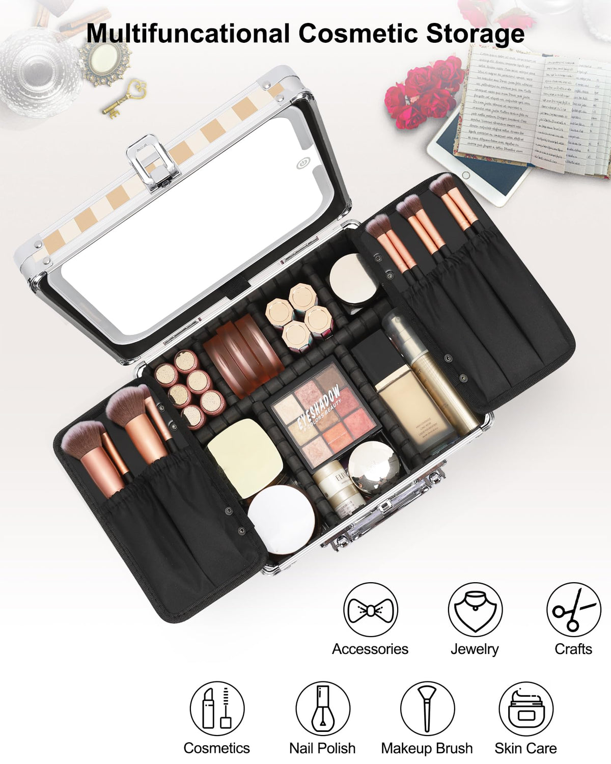 Relavel Makeup Bag with LED Mirror, Makeup Box Travel Train Case with Rechargeable Lighted Mirror & Adjustable Dividers, Cosmetic Brush Organizer Storage for Makeup Artists Gifts for Women and Girls