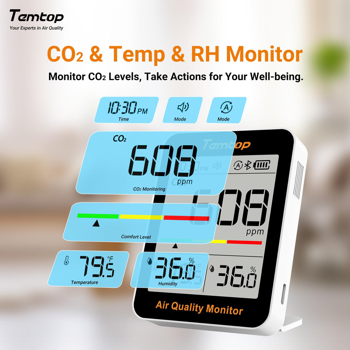 CO2 Monitor Indoor Air Quality Meter, Temperature & Humidity