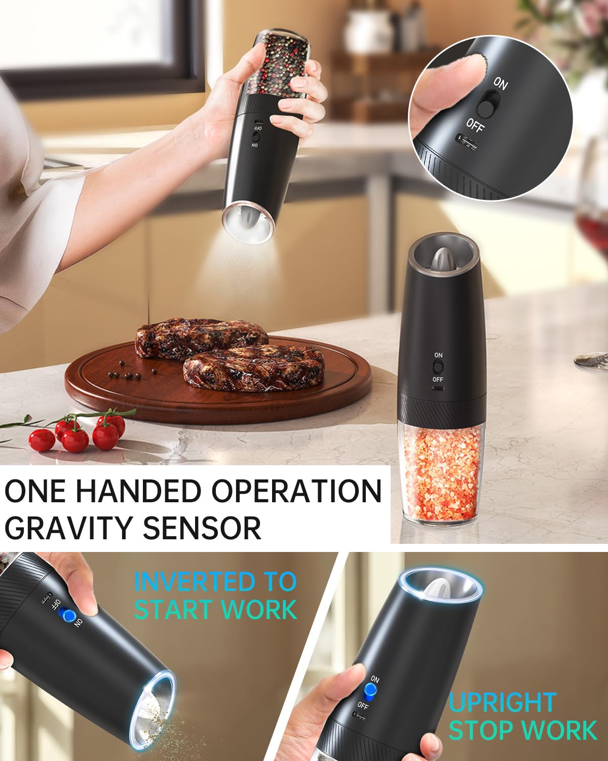 Electric Salt and Pepper Grinder Set, Gravity Rechargeable with LED